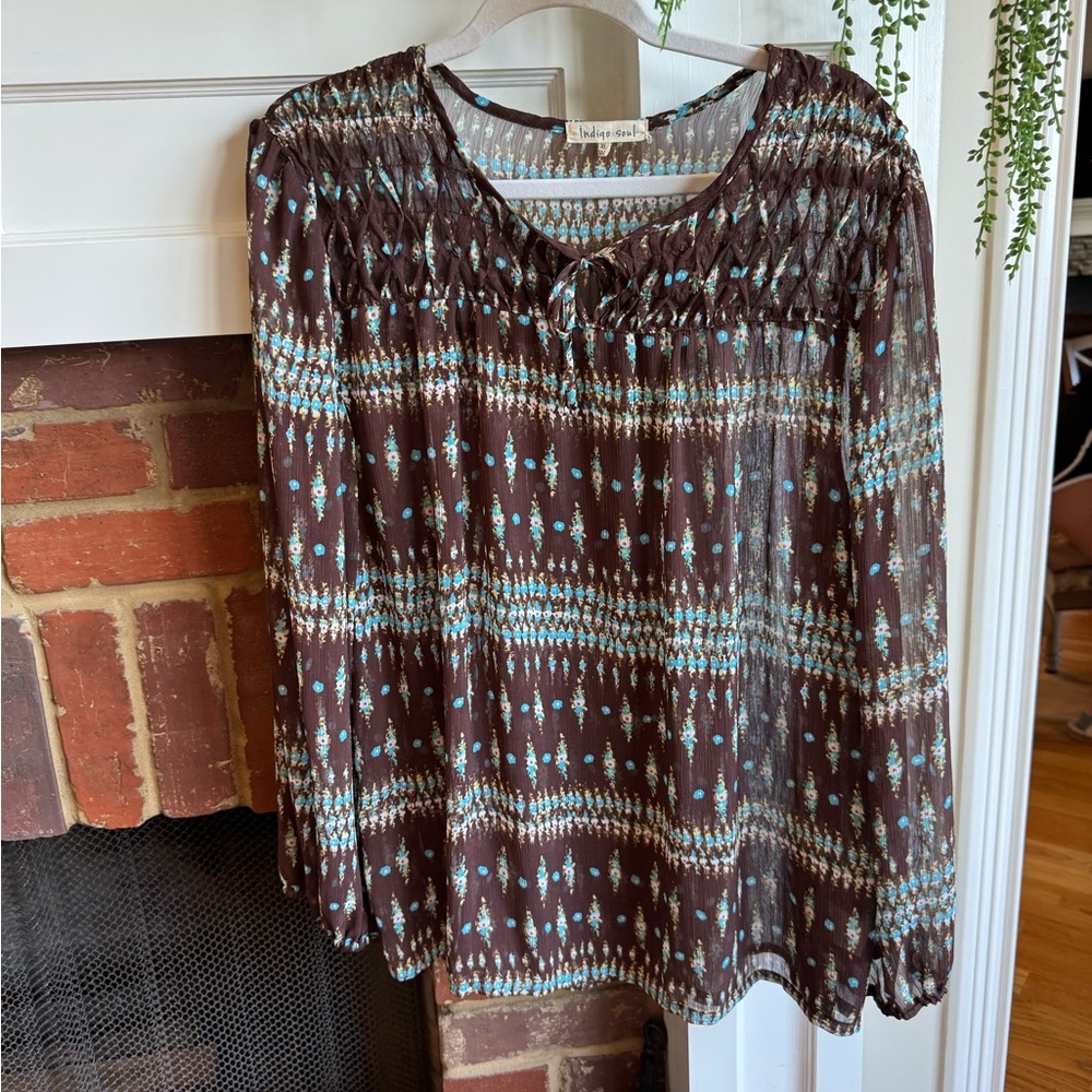 Indigo Soul Brown and Gray Smocked 3/4 Sleeve Blouse